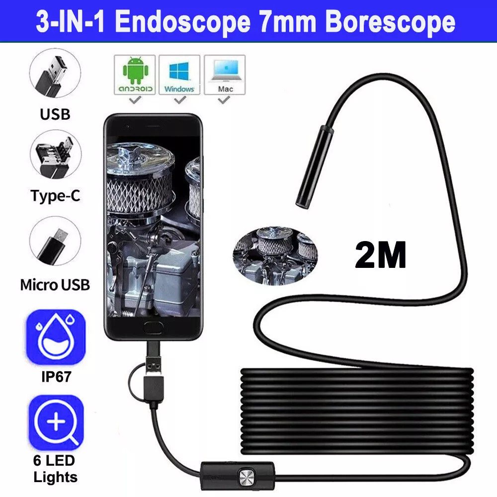 2M Endoscope Camera with Light HD Borescope Inspection Waterproof For Android