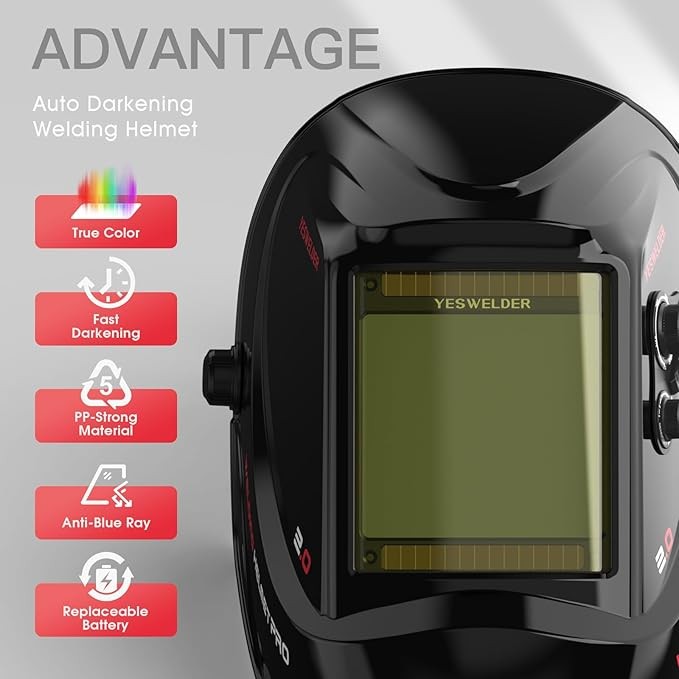 YESWELDER Solar Auto Darkening Helmet 4 Sensors 3.93"x3.66" TIG/MIG/Arc/Grind