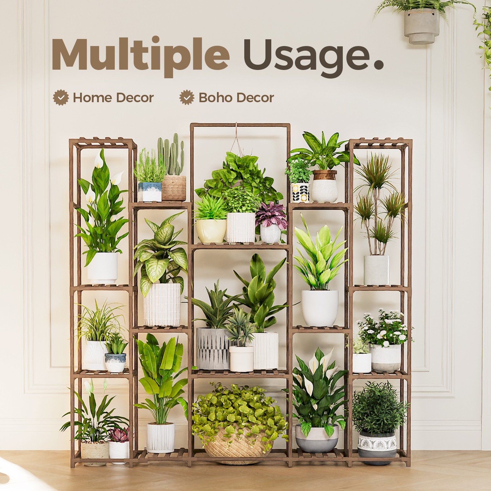 Bamworld Plant Shelf Indoor Hanging Plant Stand Large Flower Holder Wood Stand