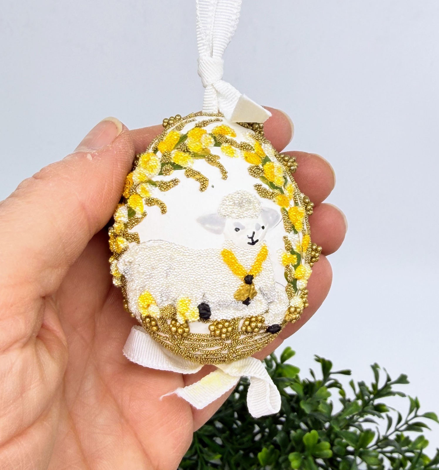 Easter Egg Ornament: Peter's Seasons GMBH; Spring Lamb in Golden Basket w/Vines