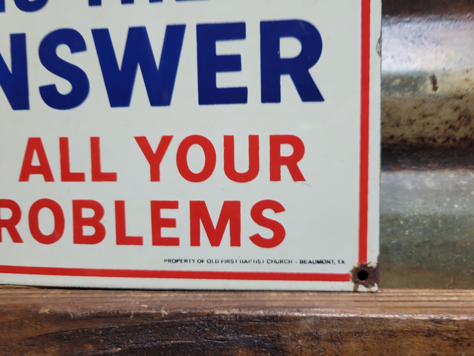 VINTAGE JESUS PORCELAIN SIGN OLD BAPTIST CHURCH RELIGIOUS BIBLE BEAUMONT TX GOD