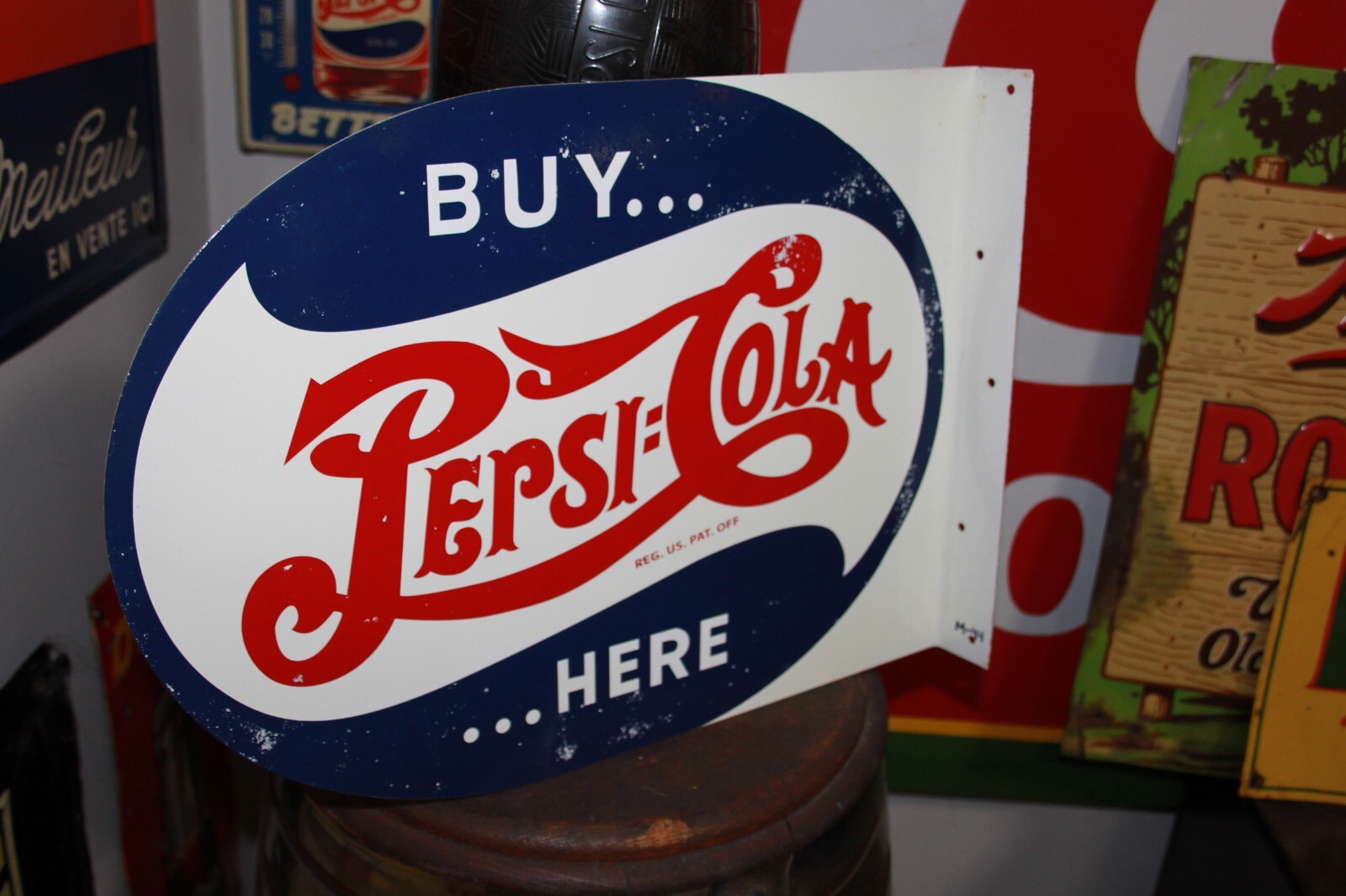 SCARCE 1944 PEPSI COLA SODA POP 2-SIDED PAINTED METAL FLANGE DEALER SIGN COKE