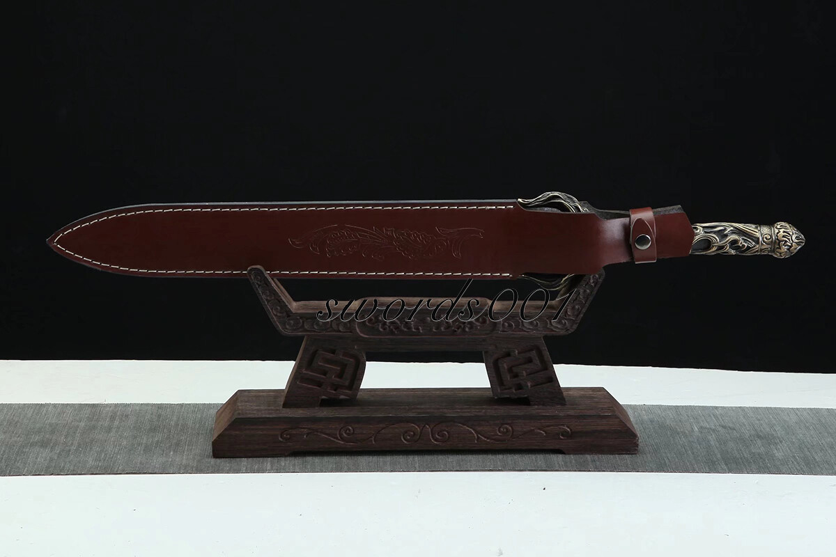 Handmade Exquisite Brass Handle Short Sword Damascus Steel Blade Leather Sheath