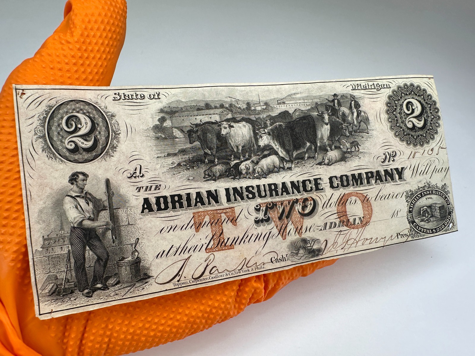 1853 $2 Adrian Insurance Company Michigan Obsolete Bank Note Two Dollars Bill MI