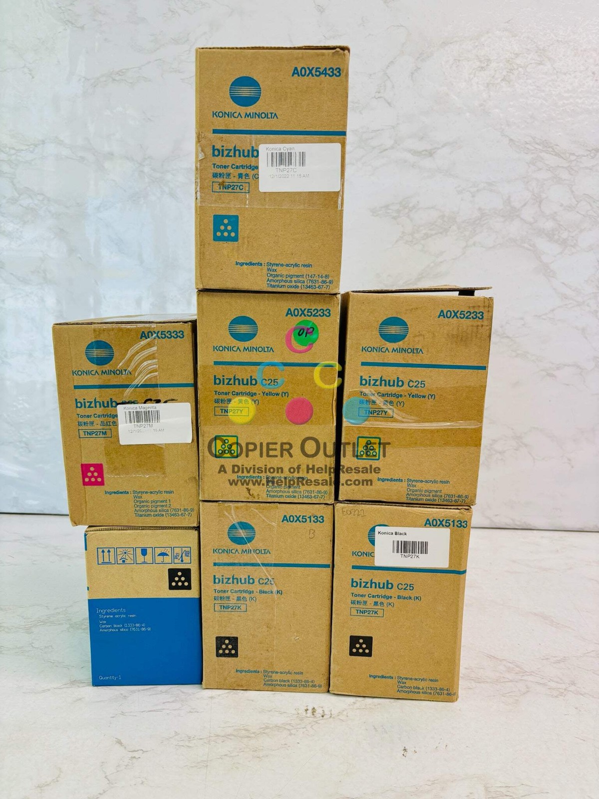 7 Open Genuine Konica BH C25 Cyan, Magenta, Yellow & Black Toner TNP27 CMYYKKK