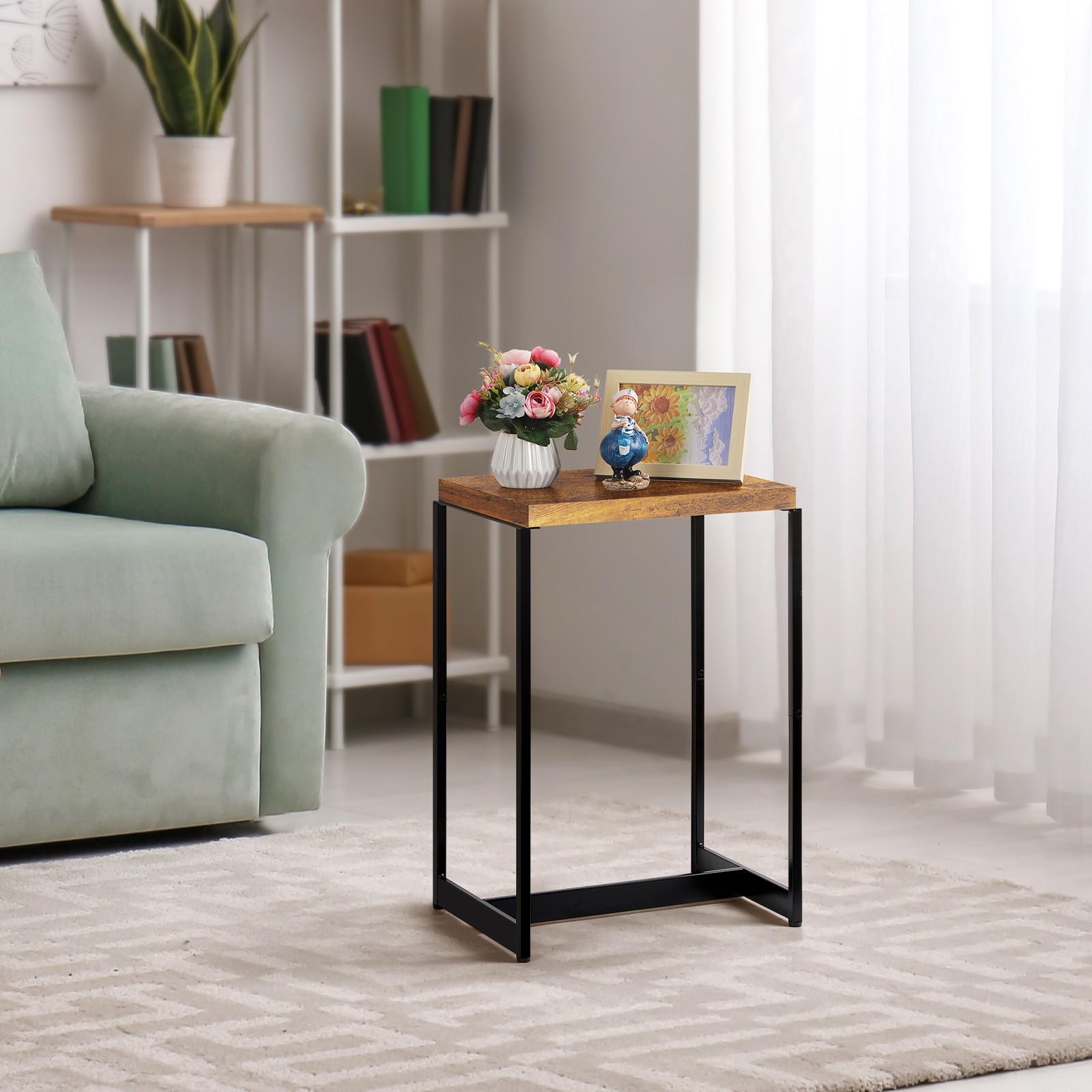 Brown End Table Small Side Table, Wood Night Stand with Metal Frames for Bedroom