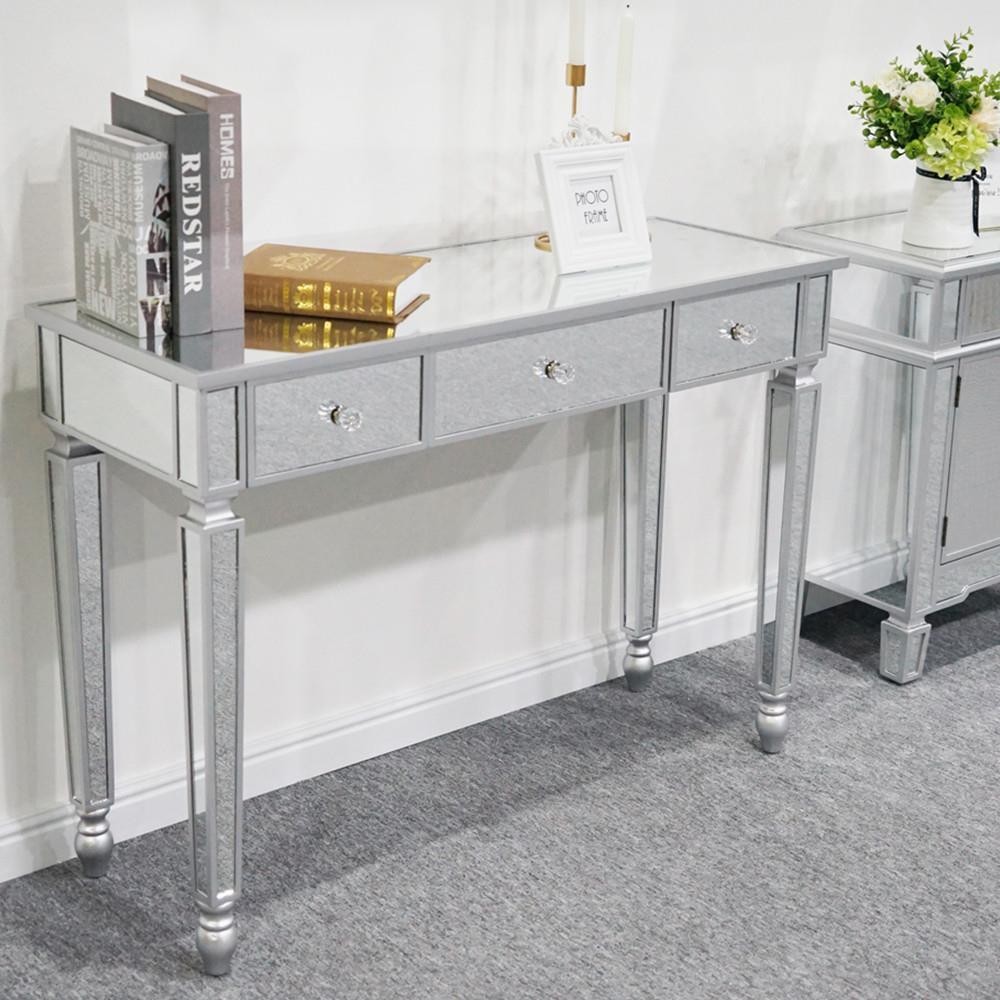Mirrored 3 Drawer Console Table Glass Finish Silver Home Vanity Dresser Desk