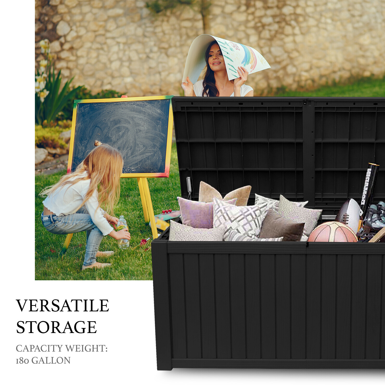 180 Gallon Deck Box Storage Outdoor Garden Patio Chest Organizer Furniture Black