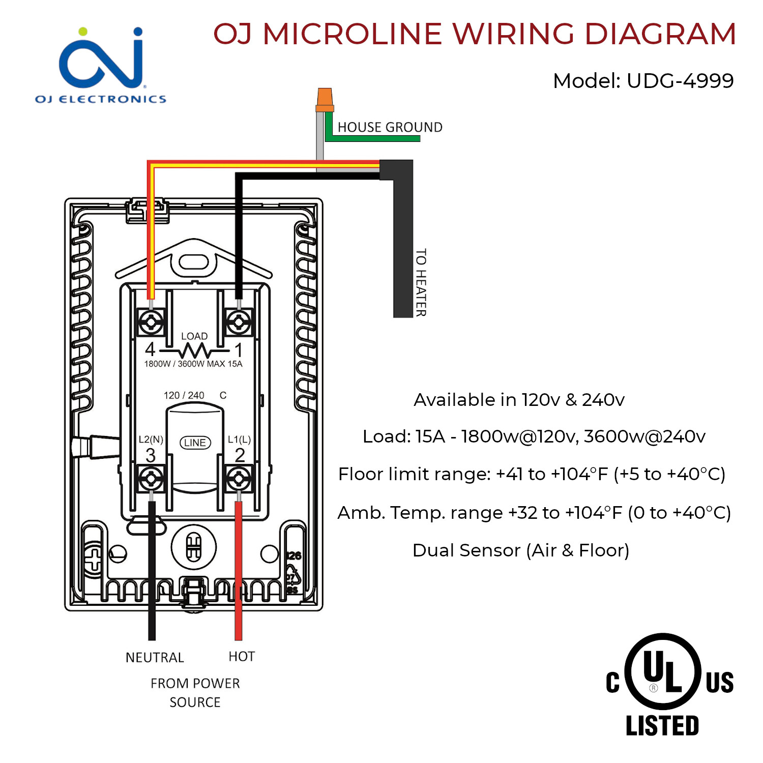 OJ Microline UDG-4999 Programmable Floor Heating Thermostat with Class A GFCI