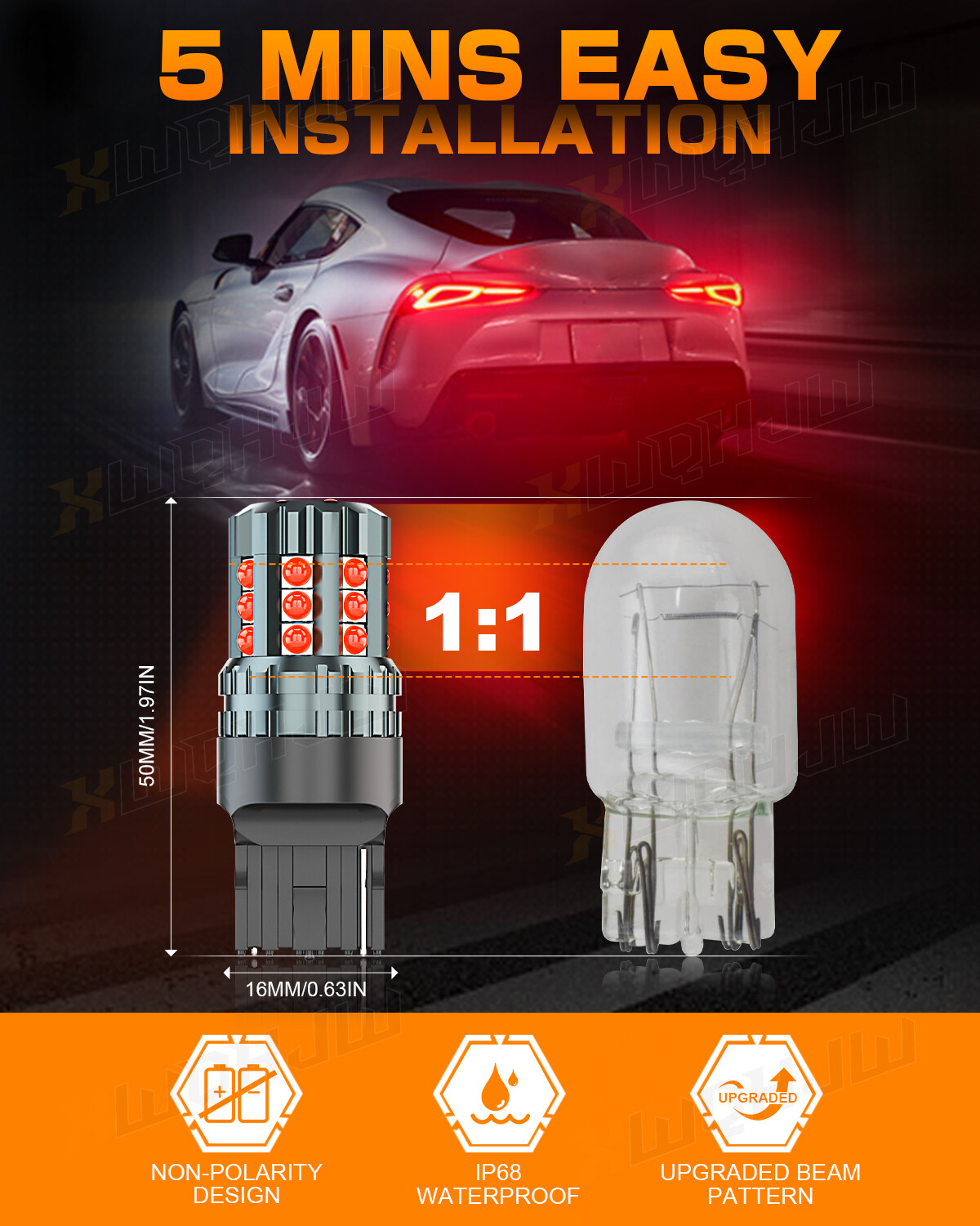 2PCS 7443 7440 LED Strobe Flash Blinking Brake Stop Tail Parking Light Bulbs Red