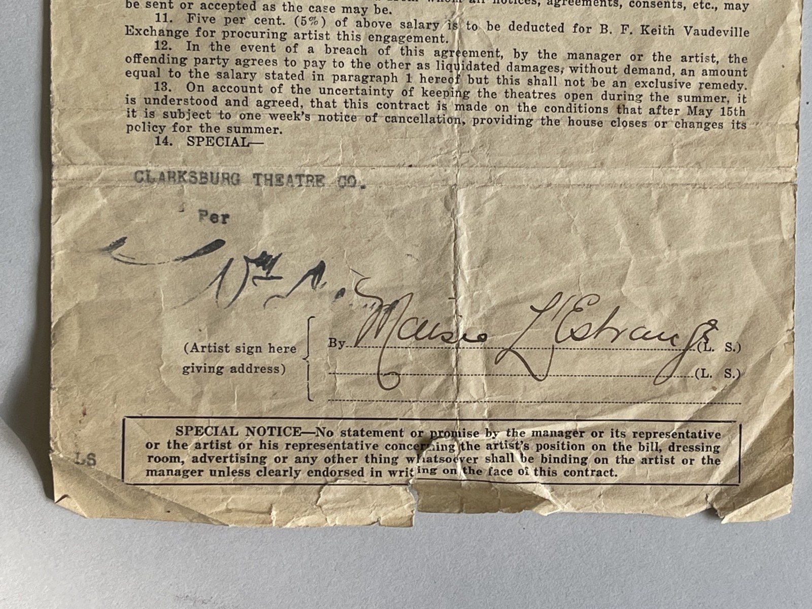 VINTAGE VAUDEVILLE SIGNED CONTRACT 1923 PALACE THEATRE NEW YORK