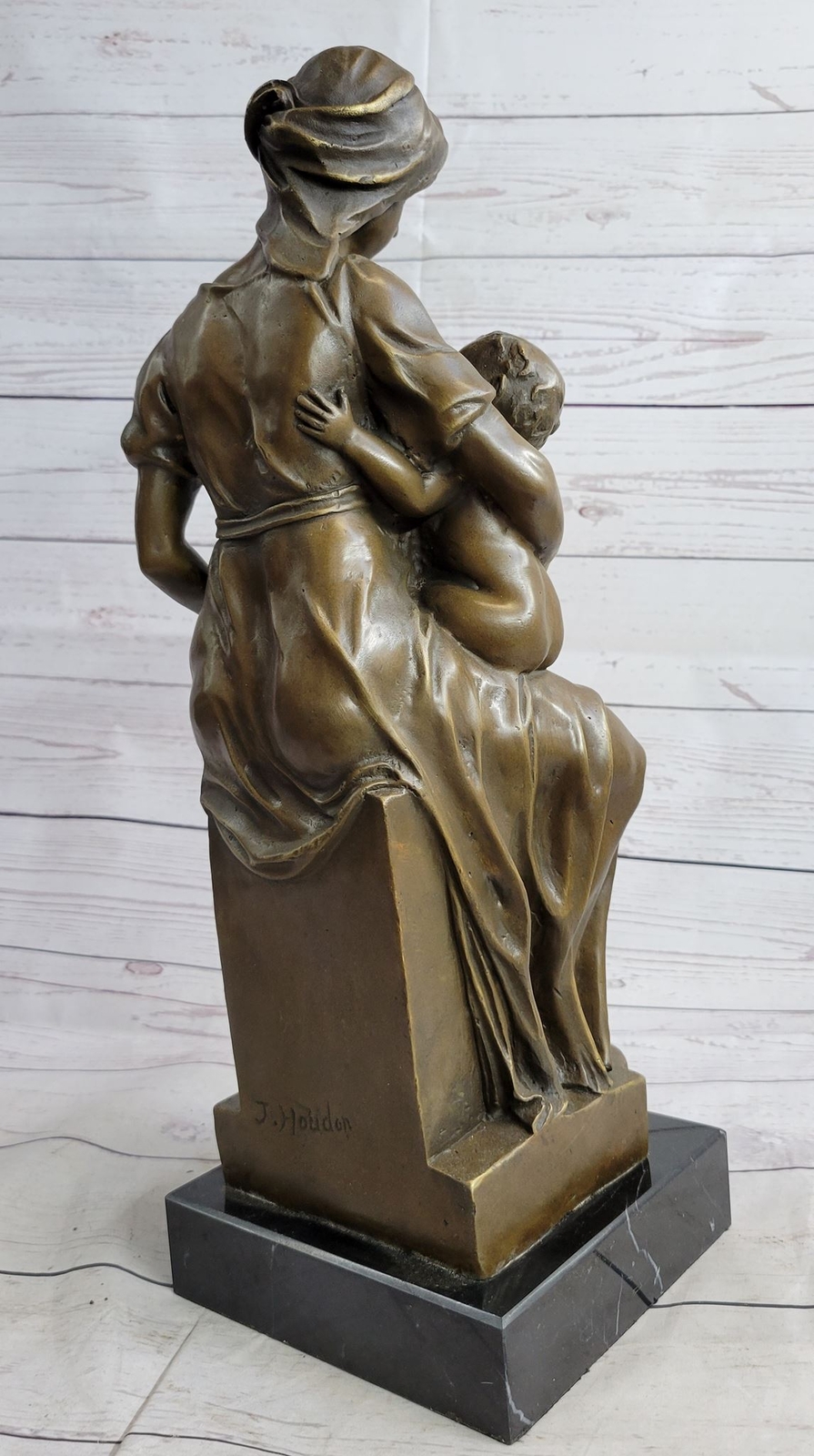 Semi Nude Bronze Sculpture Mother Breastfeeding Twins Signed Art Statue Decor
