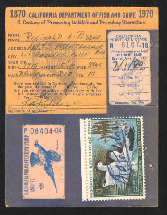 US 1970 California State Hunting License w/ Duck RW37 & Deer & Pheasant Stamps