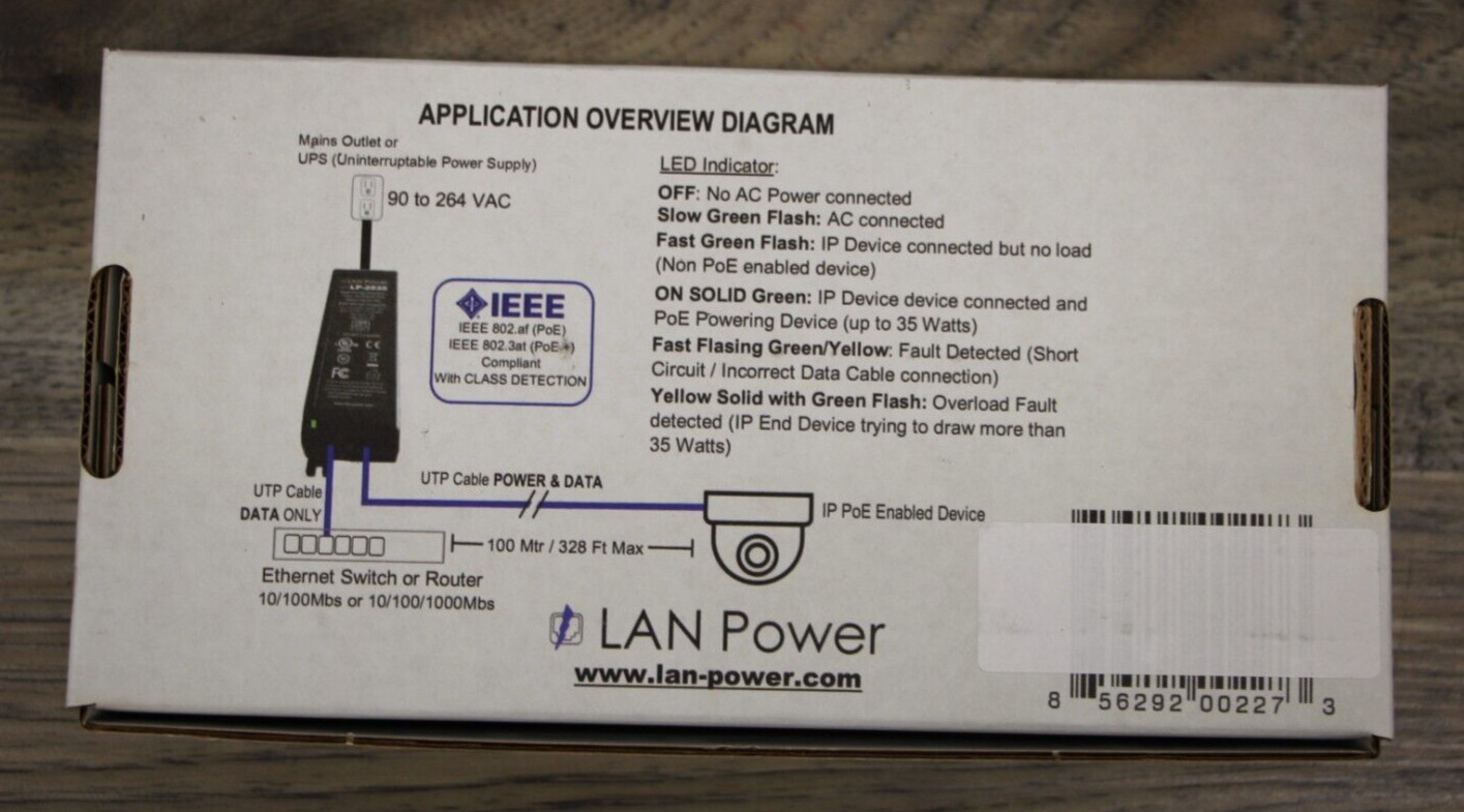 NEW LAN Power Single Port High Power/PoE Plus Midspan Injector LP-2535