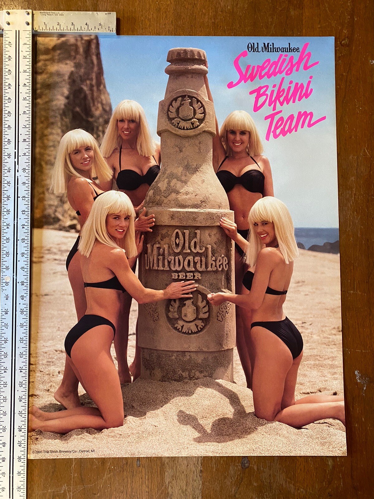 Old Milwaukee Beer Swedish Bikini Team Vintage Poster Sign Double Sided NOS!