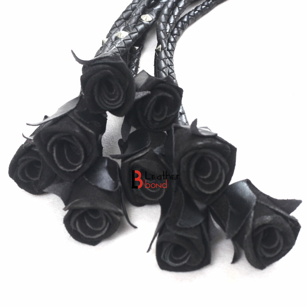 Rose Flogger Real Cowhide Leather 9 Braided Falls Heavy Black Roses & Studs