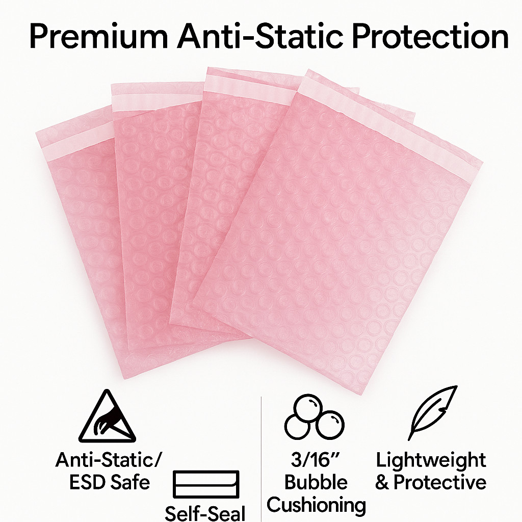 4x5.5 Anti-Static Bubble Out Pouches | Self Seal 3/16" Cushion Bags | Pink