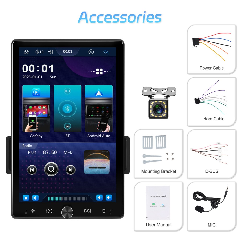 10.4" Single Din Touch Screen Stereo Bluetooth Radio Apple/Android Carplay+CAM