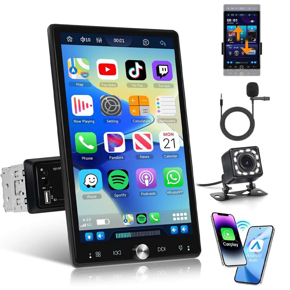 10.4" Single Din Touch Screen Stereo Bluetooth Radio Apple/Android Carplay+CAM