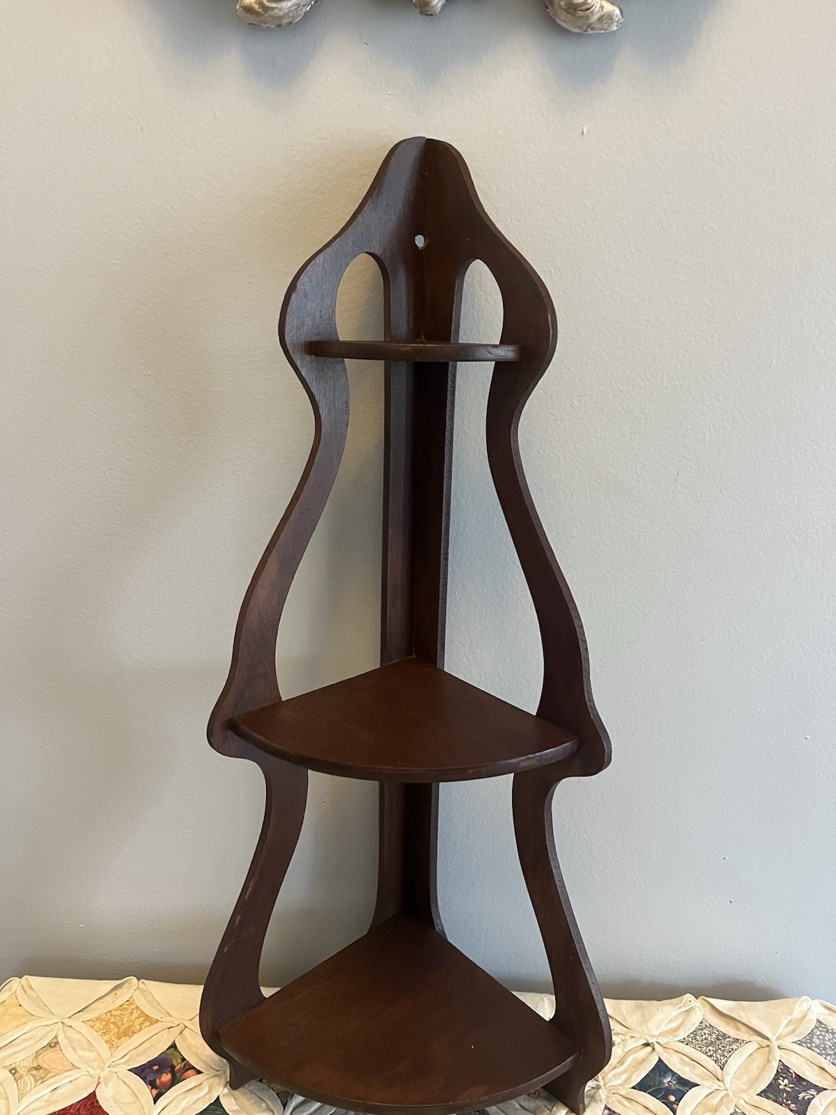 Antique Dark Wood 3 Tier Hanging Corner Shelf 20 Inches Tall