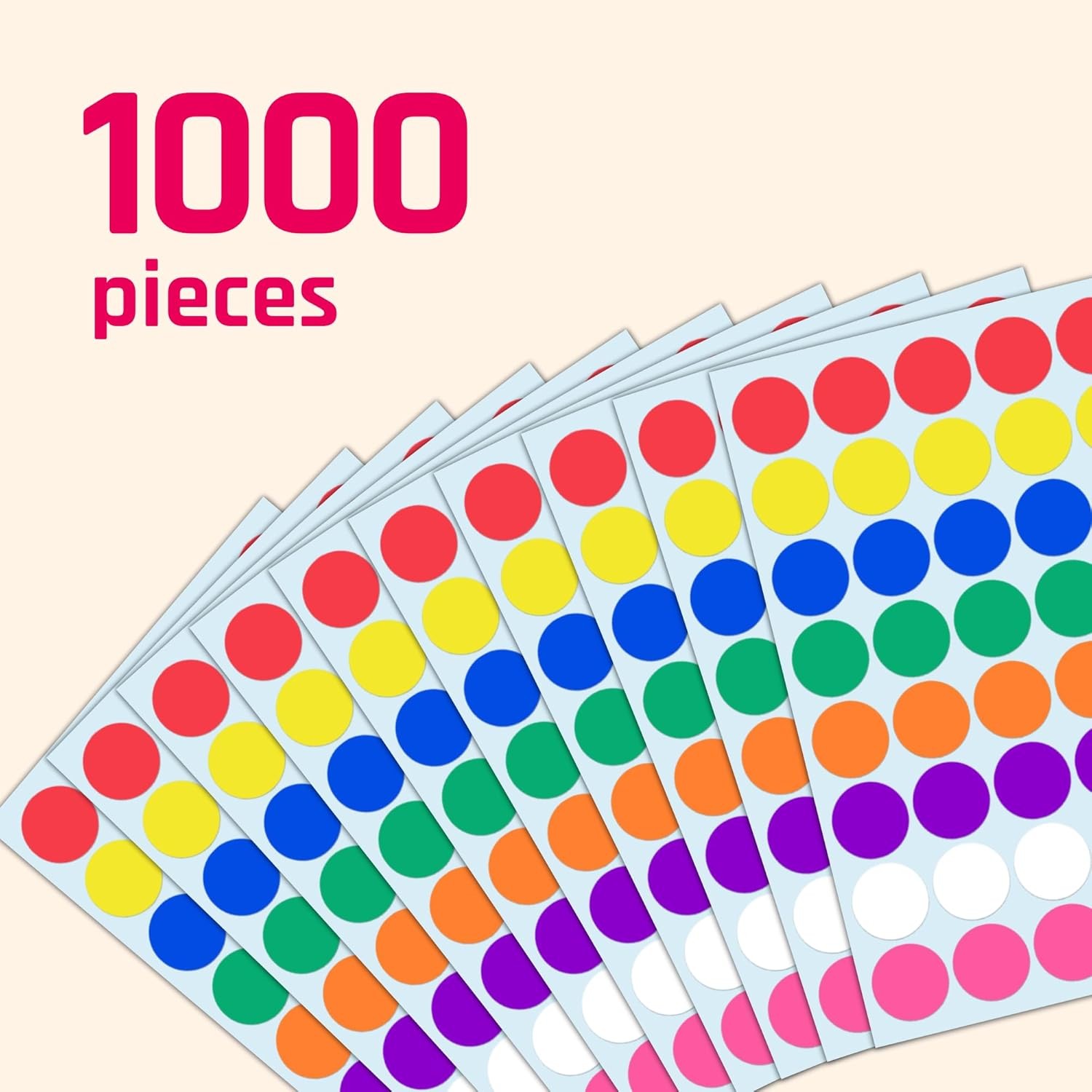 1000 Pack, 1 inch - Colored Round Circle Dot Stickers, 1000 Pieces, 8 Colors