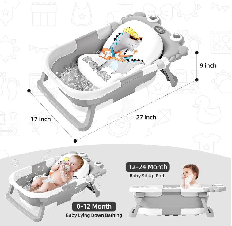 Collapsible Baby Bathtub for Newborns to Toddler with Real-time Temp Monitor & F