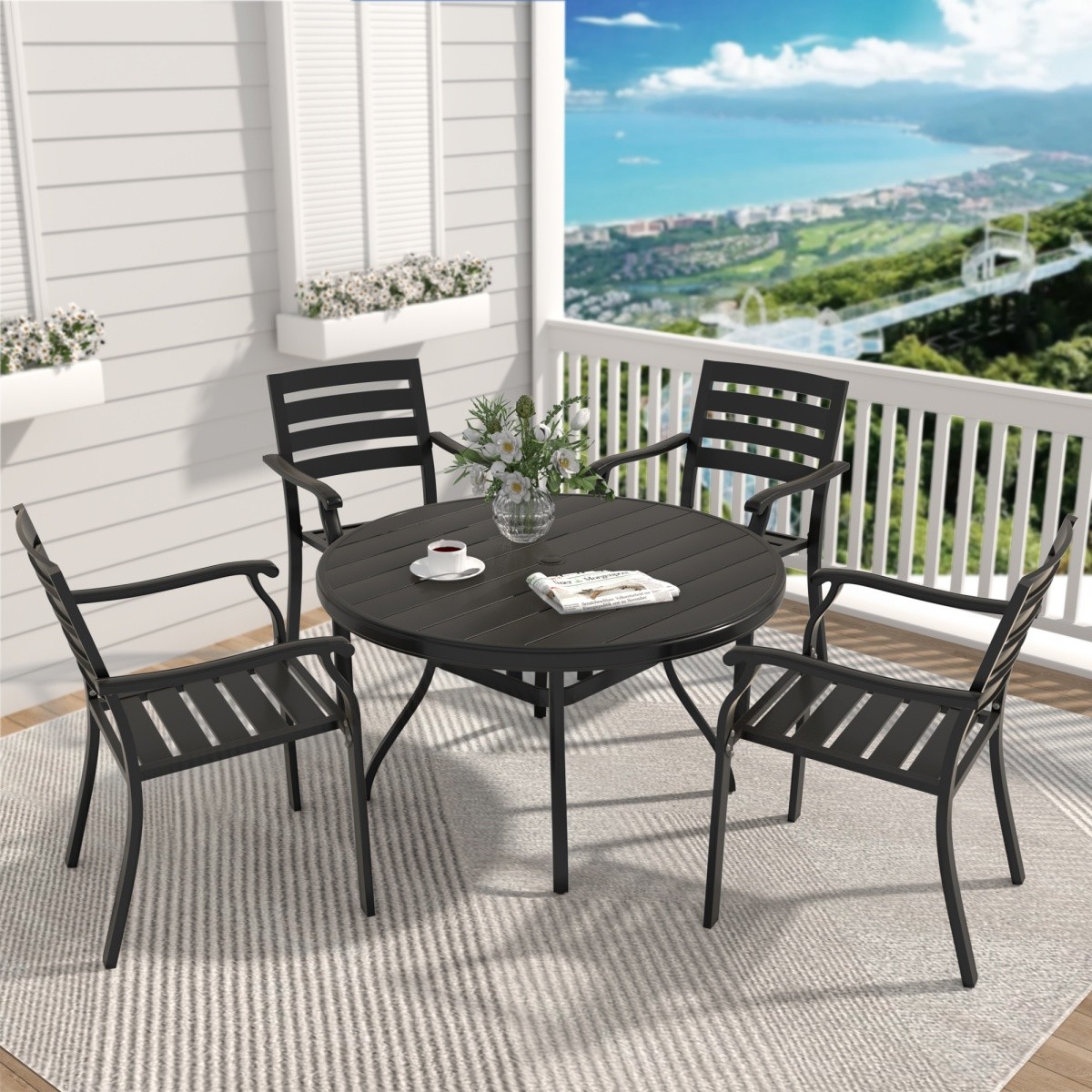 Outdoor Round Patio Dining Table Metal Dining Table with Umbrella Hole for Deck