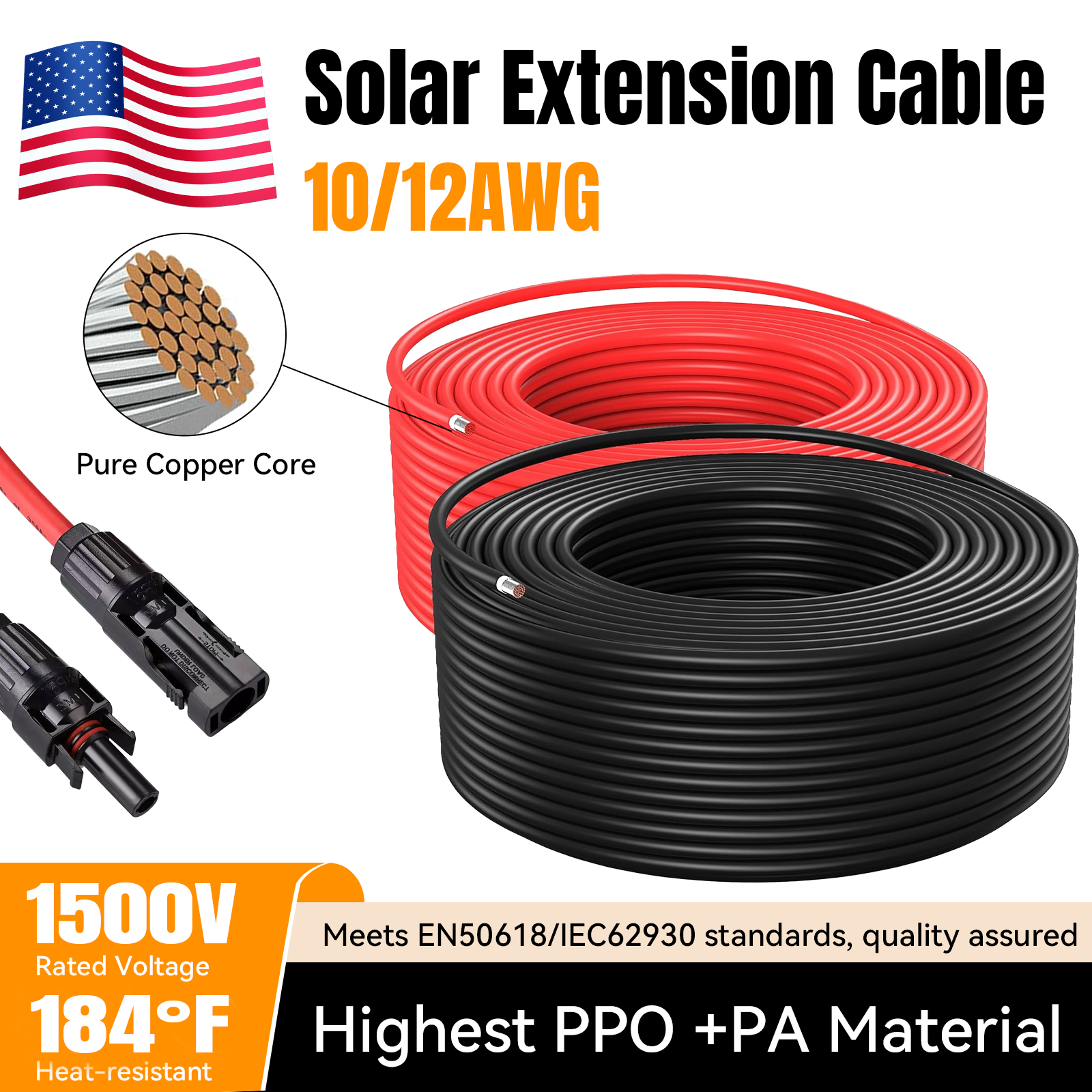10 AWG Solar Panel Extension PV Cable Wire Solar Connectors Pair Black Red 6mm²