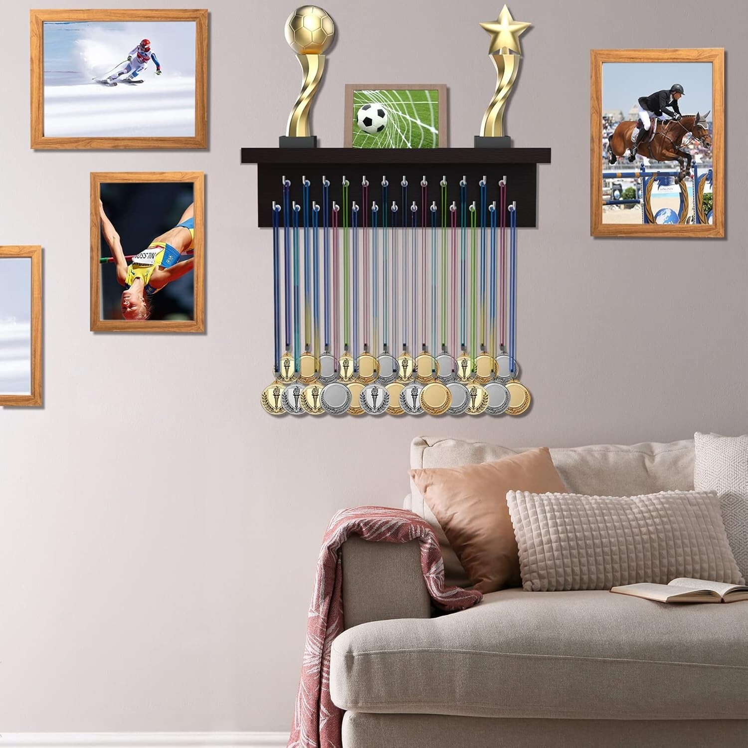 Medal Hanger Display, Non-Slip Trophy Shelf with 25 Hooks, Wall Mount Ribbon Med