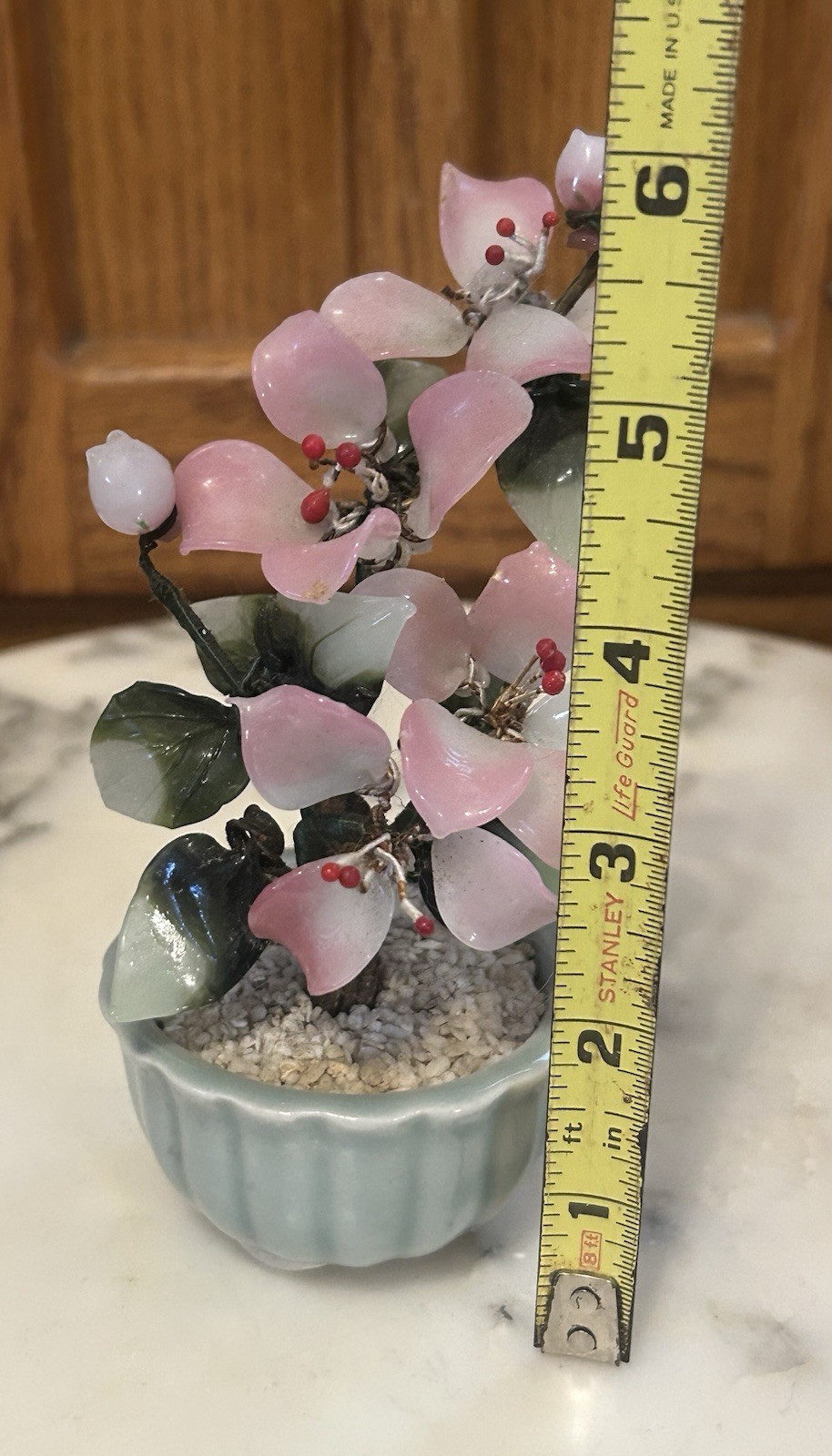 VTG Chinese Jade Glass Leaves Pink Cherry Flowers Bonsai Tree Green Celadon Pot