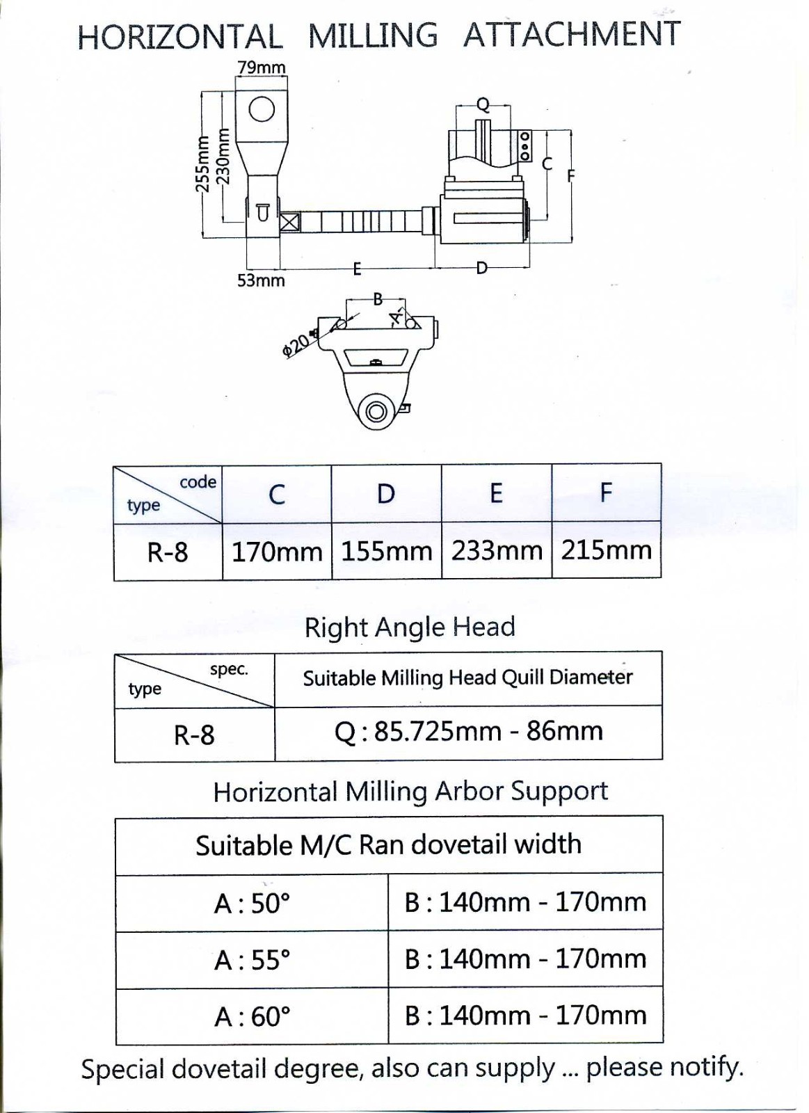 R8 RIGHT ANGLE MILLING ATTACHMENT COMPLETE SET 1-541-110 NEW OLD STOCK