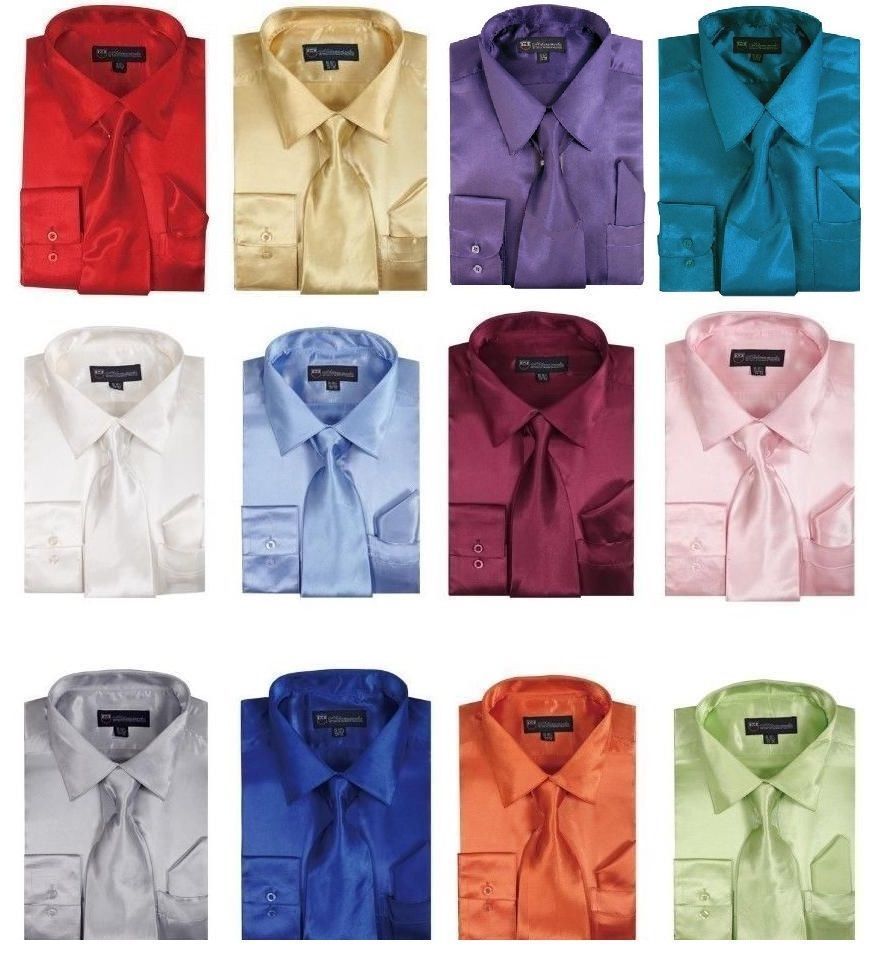 Men's Shiny Satin Polyester Formal Dress Shirt w/ Tie and Hanky Set #08 Solid
