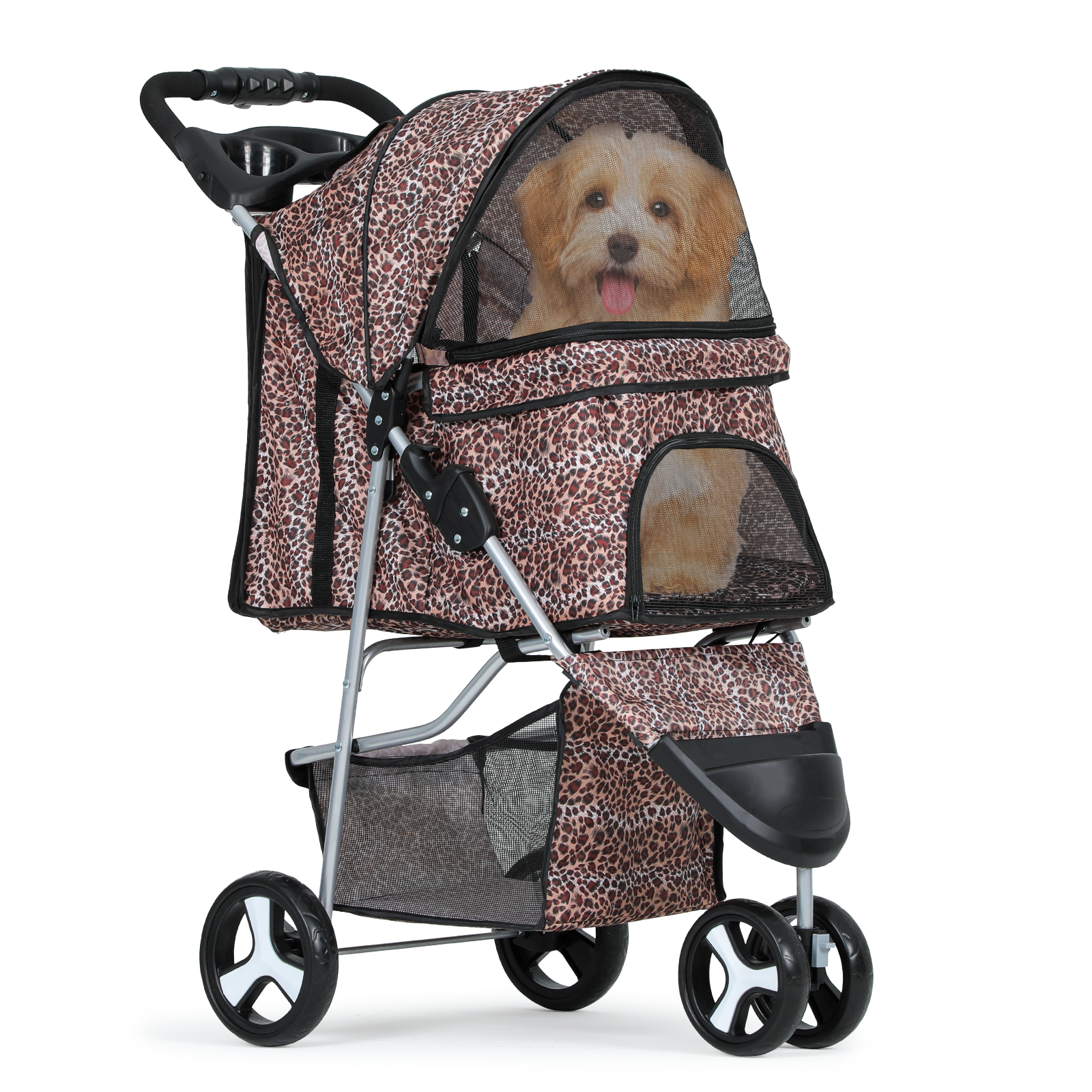 Portable Pet Dog Stroller Foldable 3 Wheels Puppy Travel Carrier Cart+Cup Holder