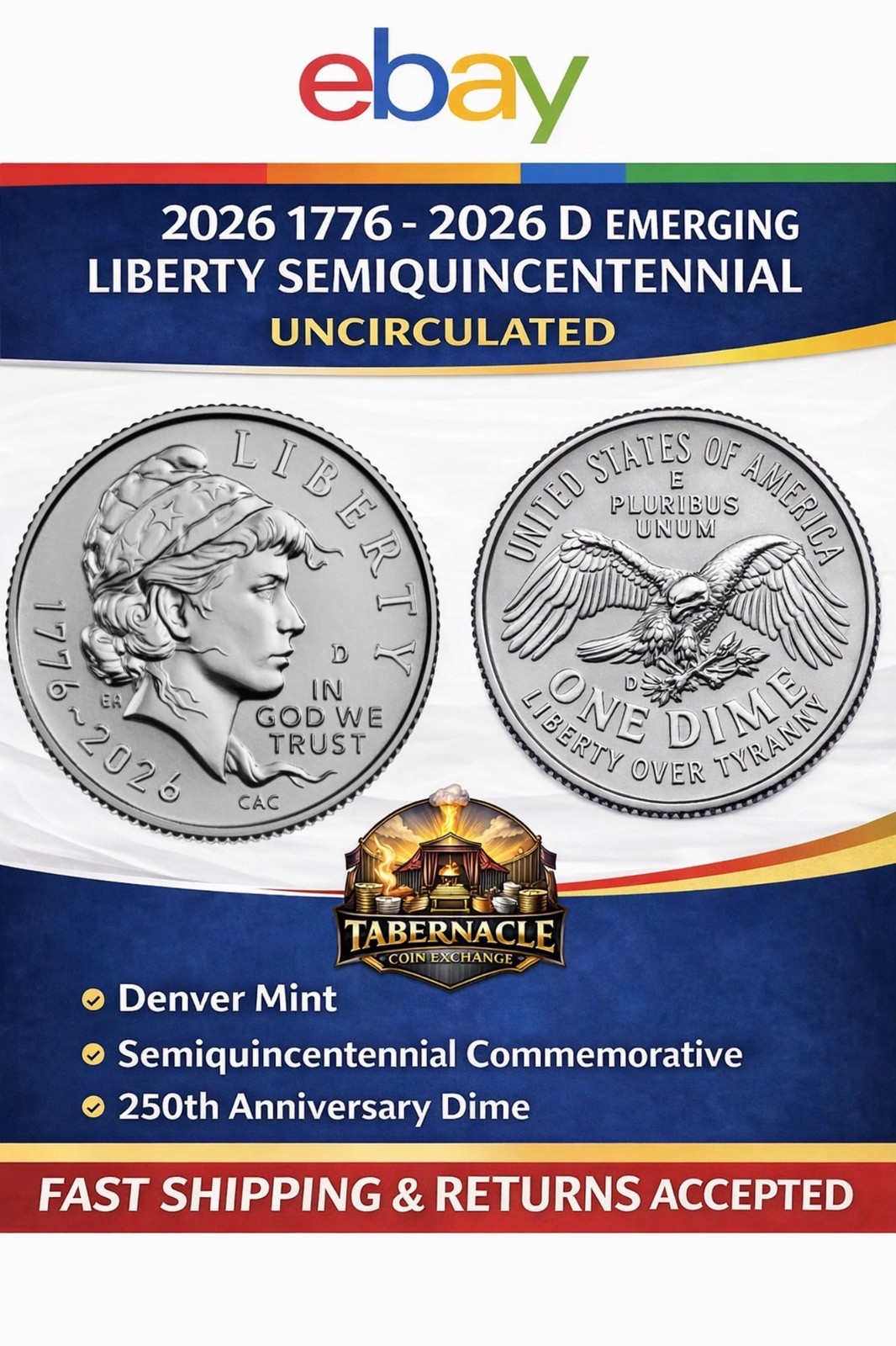 (1) New 1776-2026 D Semi-Quincentennial Liberty Dime Ships fast!