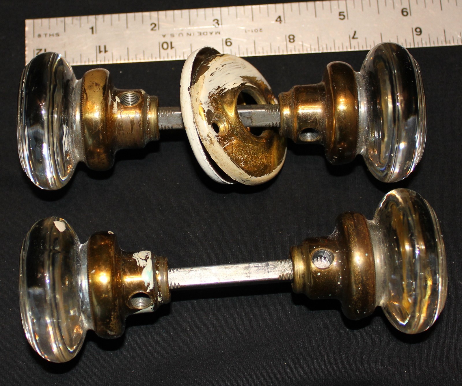 Pair Victorian Original Cystal Glass Door Knobs Brass Shank Heavy SET Of 2. WOW!