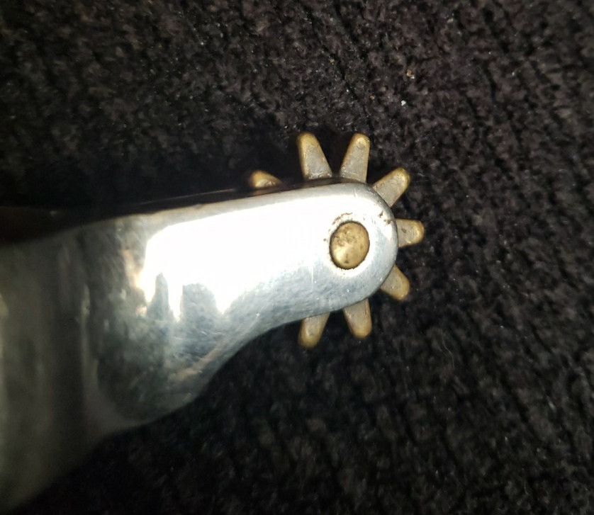 Single Small Kids Western Cowboy Spur Chrome and Brass Tooled Leather