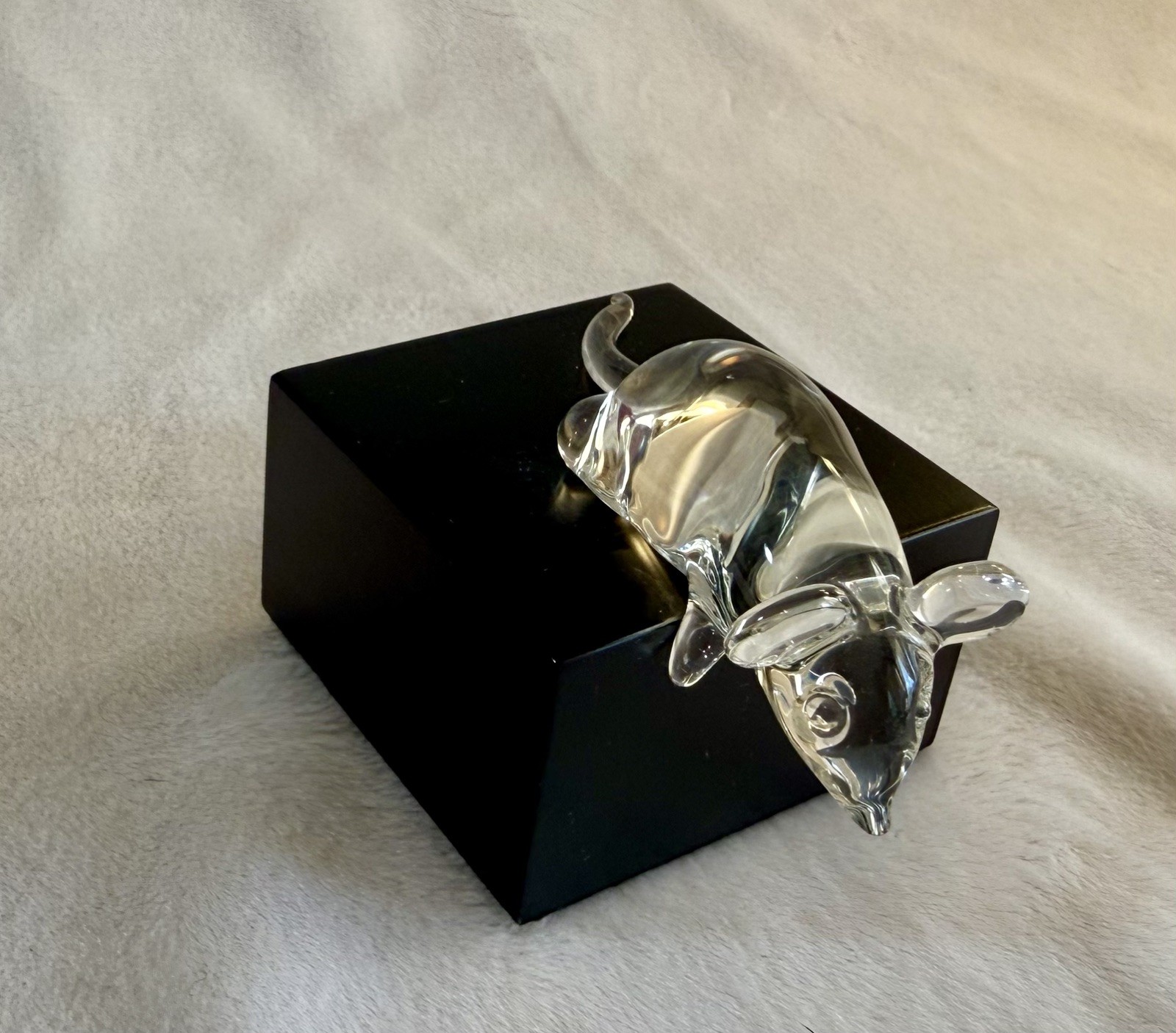 Frabel Glass Sculpture Mouse on Black Wood Base Signed 1989