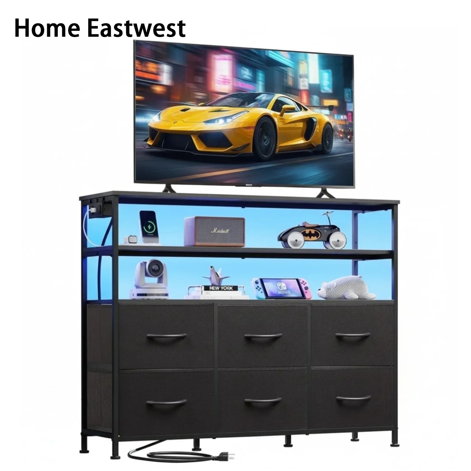 Home Eastwest 39 Inch TV Stand with 6 Fabric Drawers&LED Lights&Charging Station