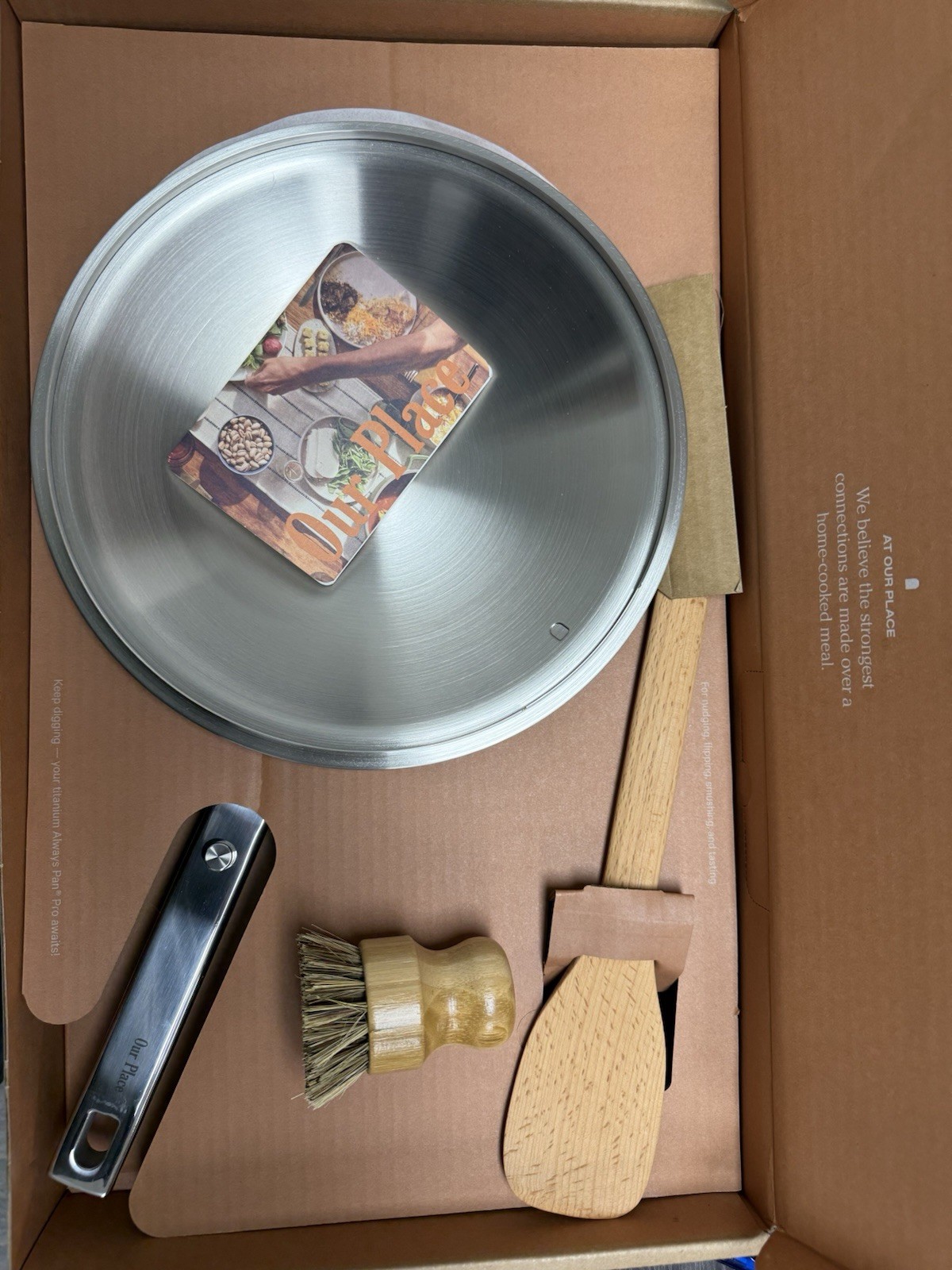 Our Place Titanium Always Pan Pro Chrome  2.9QT / 2.7 L  Bristle Brush Read Desc