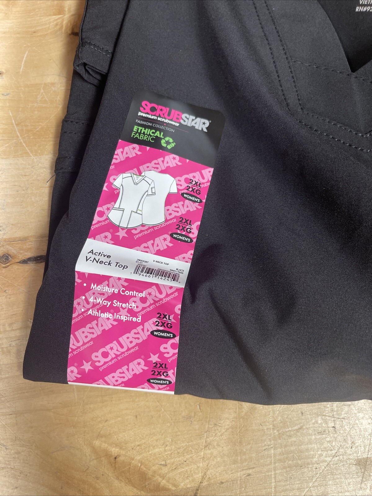 Scrubstar Women’s Black Stretch Moisture Control Scrub Top Shirt Size 2XL New