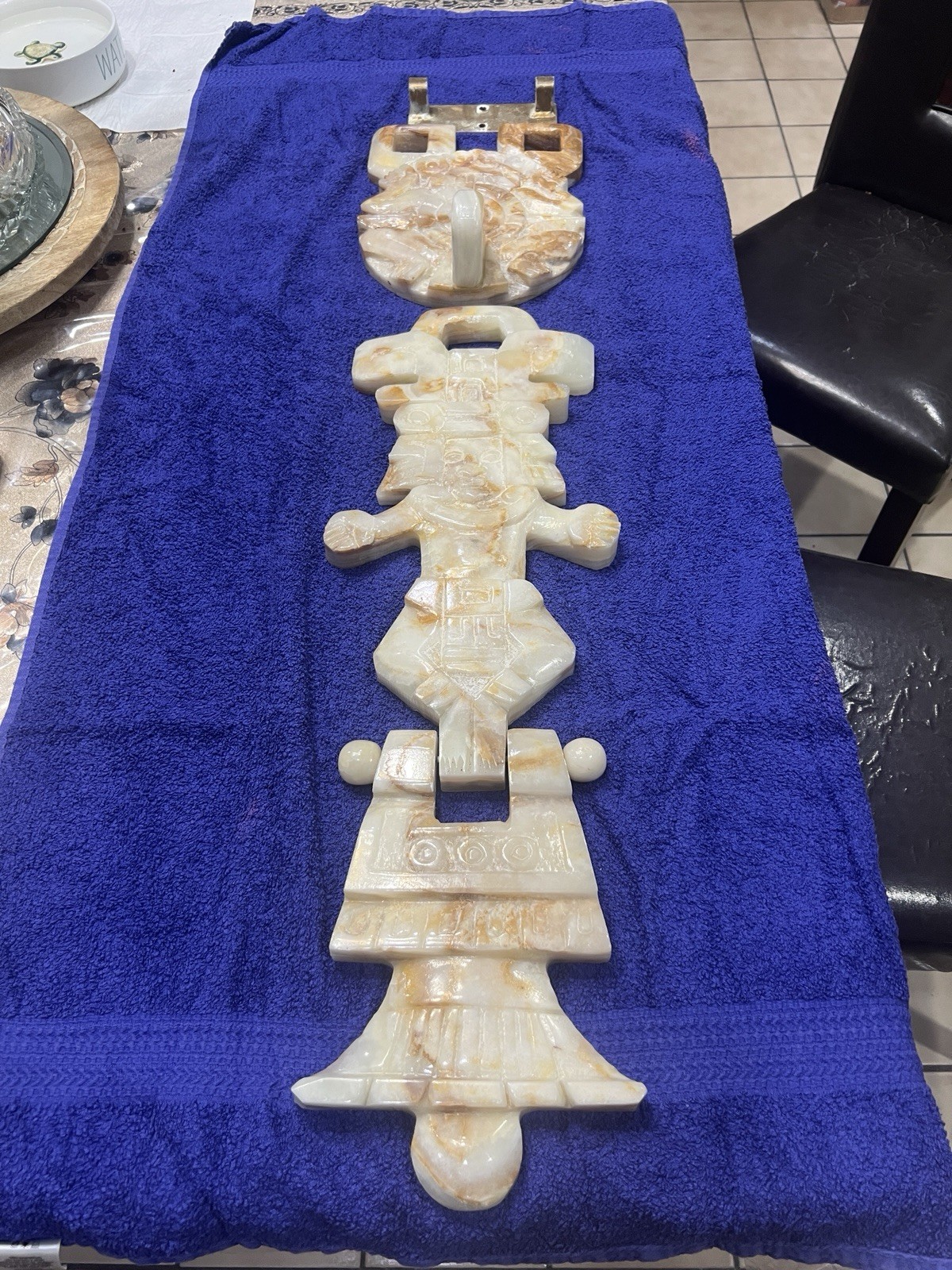 Aztec Mayan Marble/Onyx Large Stone Hand Carved Wall Hanging 33” Long W/bracket