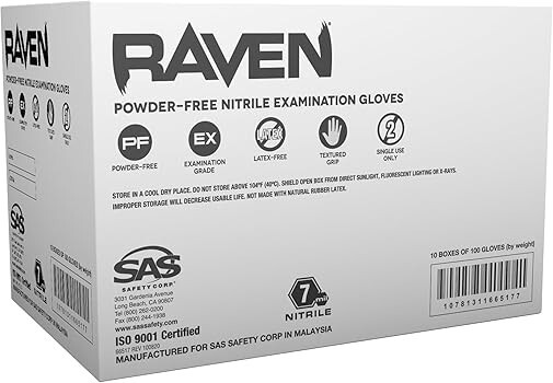 SAS Raven Black Nitrile Gloves Powder Free 7mil (10/Boxes of 100) (XL)