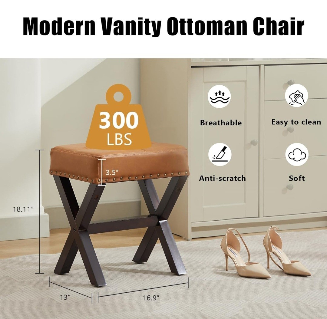 Square Makeup Stool with Rivets Wood X-Legs,Modern Vanity Ottoman Chair