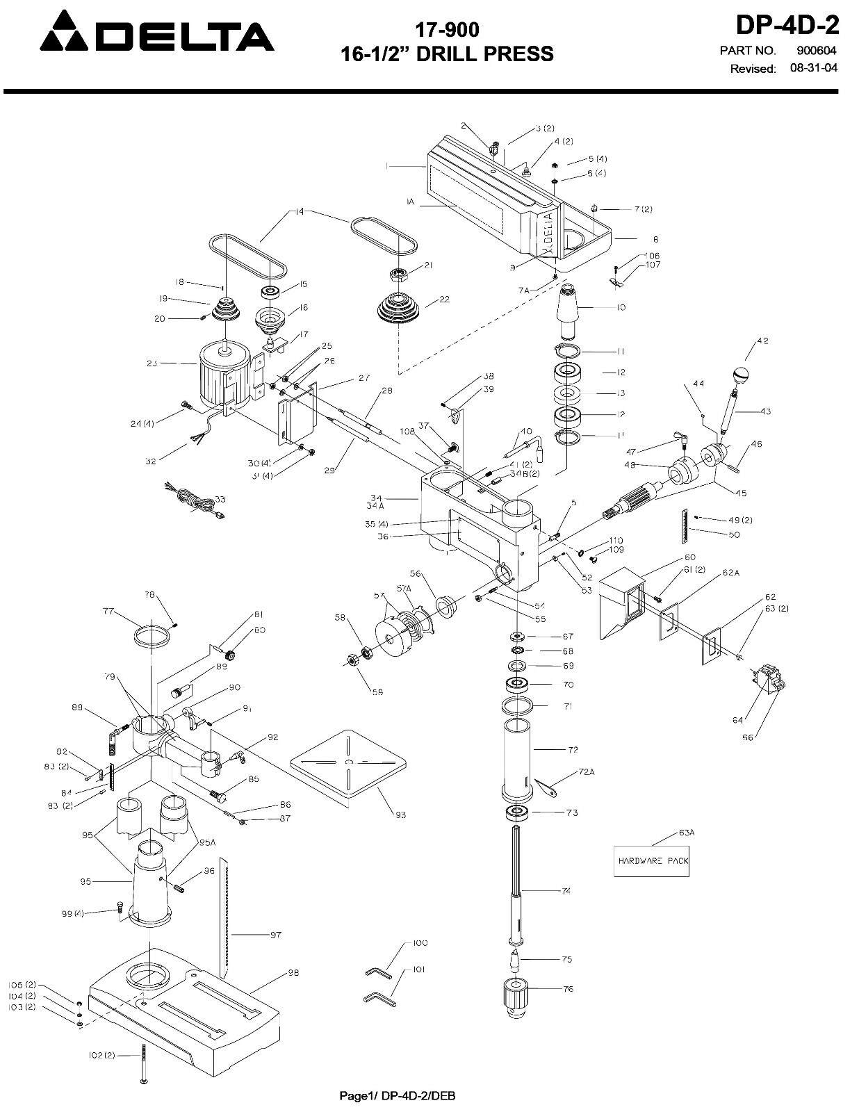 Delta 16 1/2" Drill Press Model 17-900 Instruction & Parts List Manual #2001