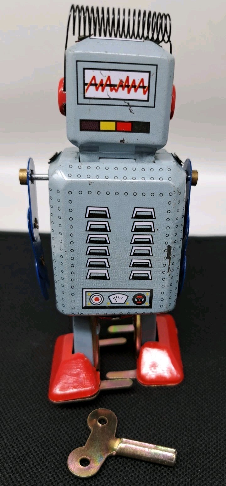 Tin Robot 4.5" Wind Up Blue Litho Retro Collectible Mini Robot MS294