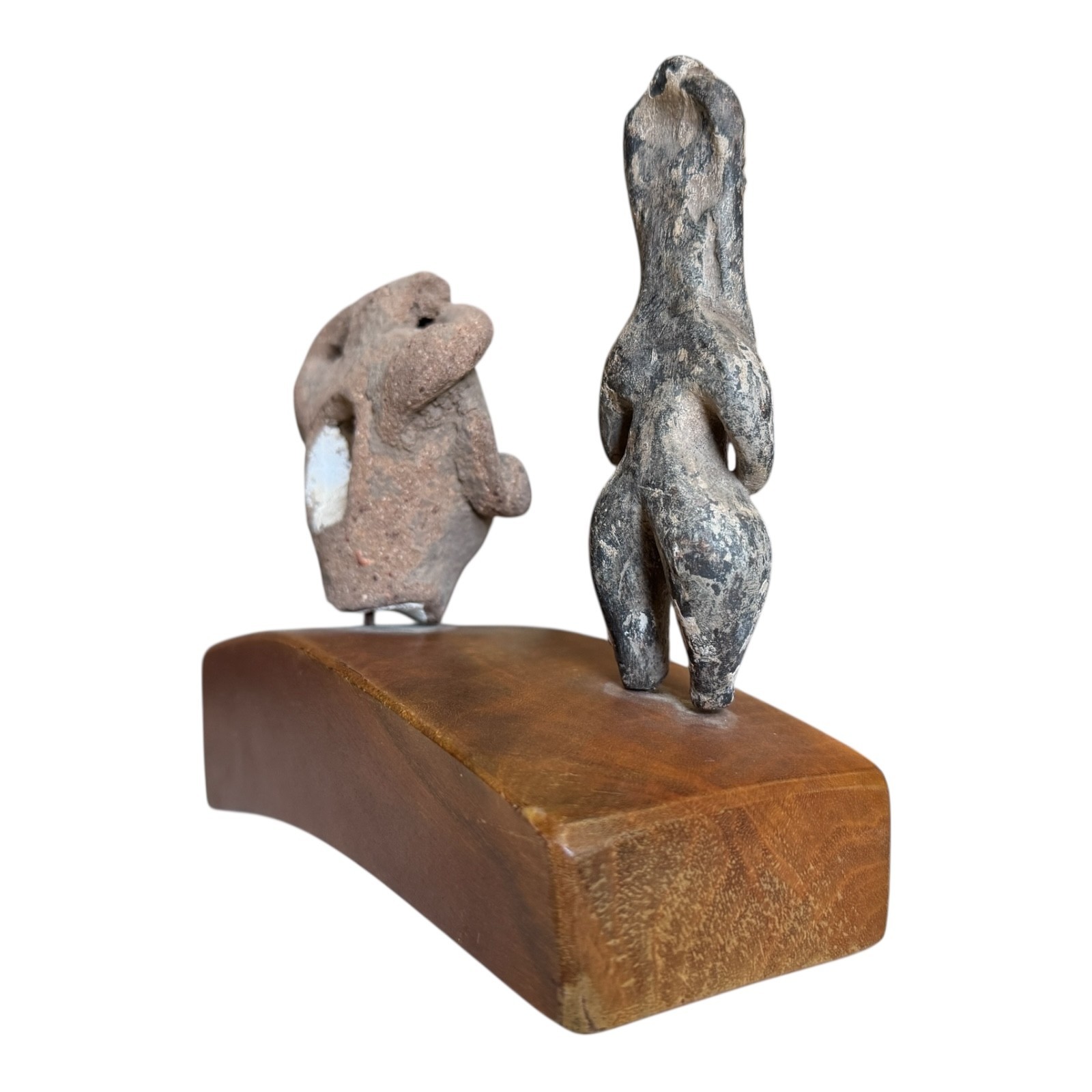 Antique Pre-Columbian Pottery Figural Group Standing Figure & Head on Base