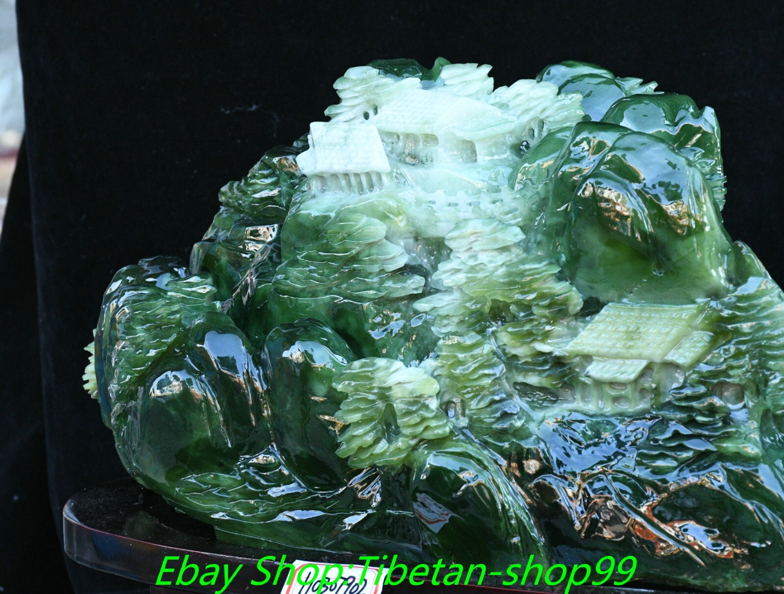 17.3'' Natural Xiu Green Jade Carving Mountain Tree House Shanzi Sculpture