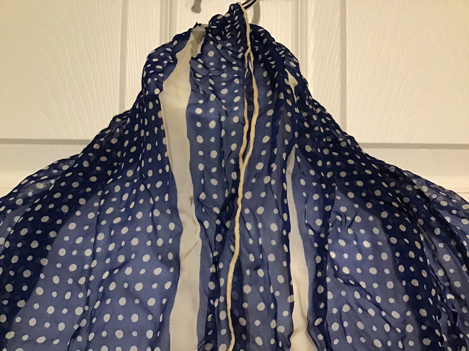 Fashion Scarf Polyester Sheer Blue with Beige Polka Dots 38”x14” Vintage 1960s