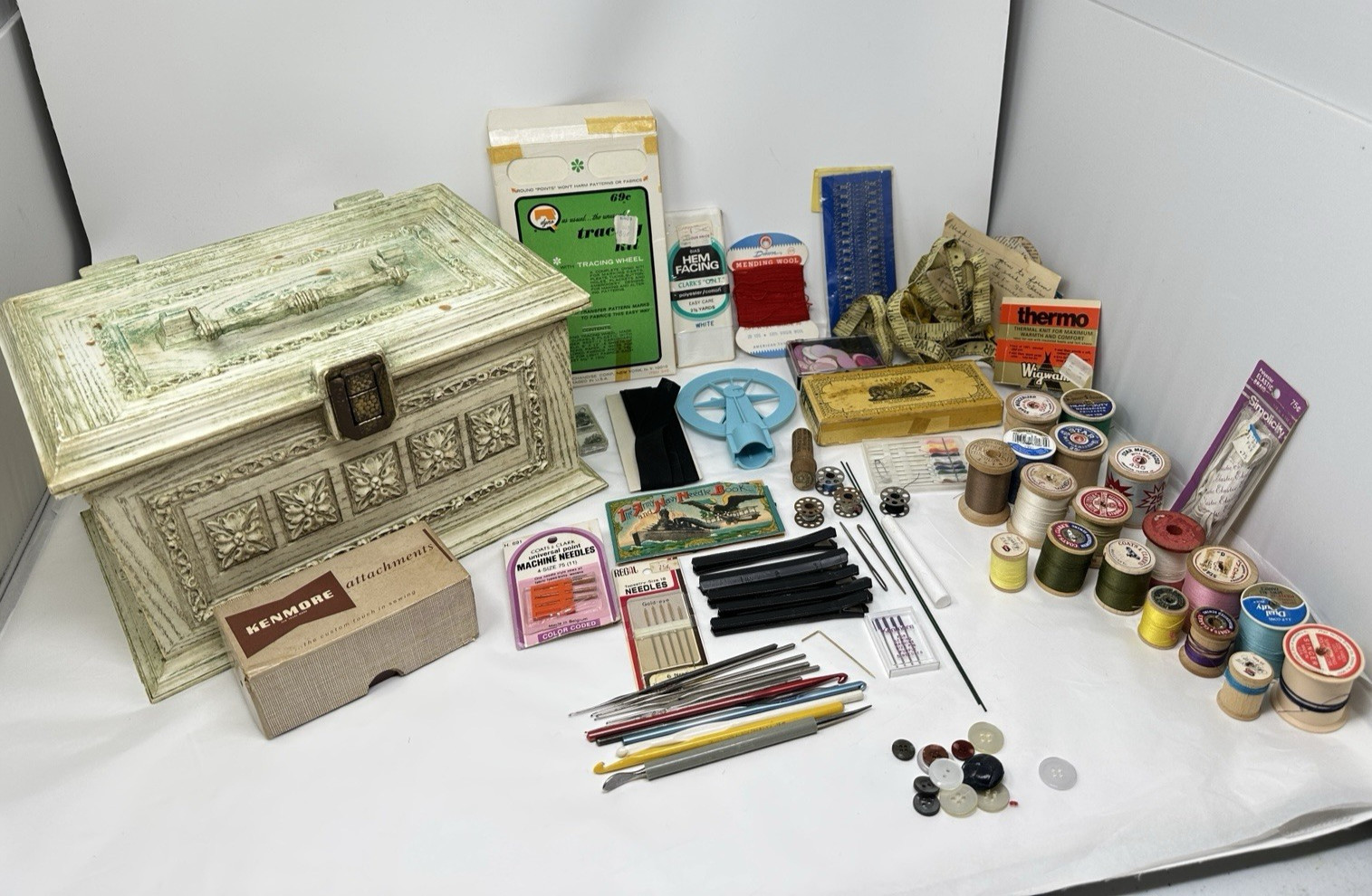 Vintage Max Klein Sewing Box Faux Wood Plastic Storage with Contents Supplies