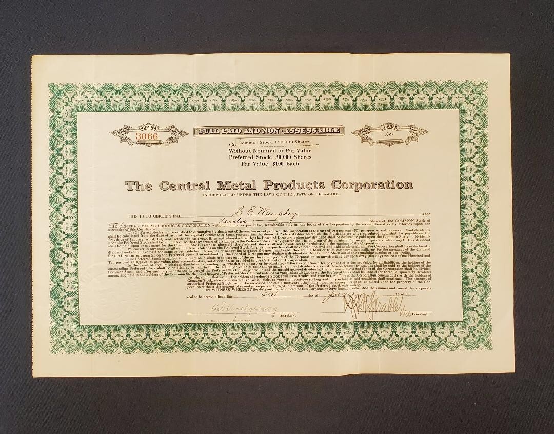 Central Metal Products Corp - Common Stock Certificate - 12 Shares -1921